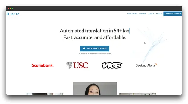 Screenshot of the Sonix homepage, promoting 'Automated translation in 54+ lan[guages]. Fast, accurate, and affordable.' The page includes logos of major clients like Scotiabank, USC, VICE, and Seeking Alpha.