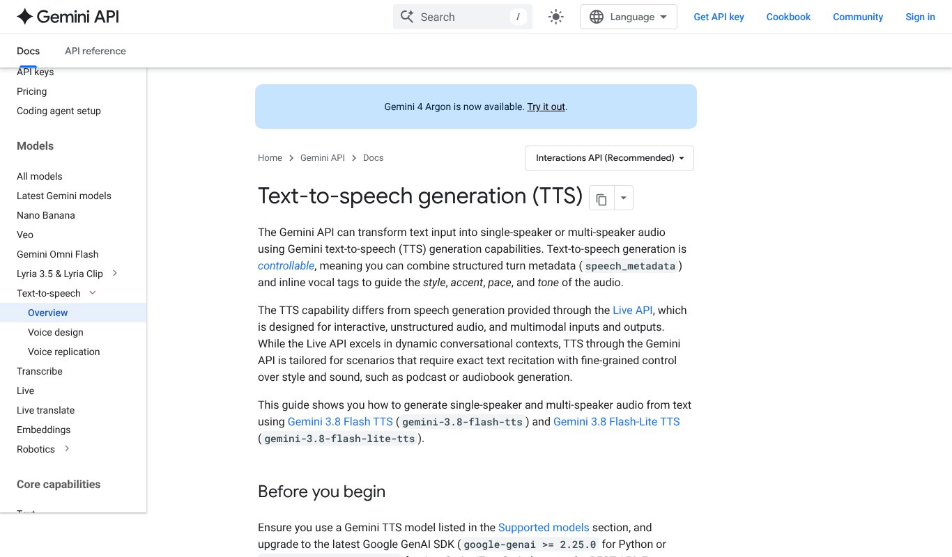 Google Gemini API text to speech documentation for Gemini 3.8 Flash TTS