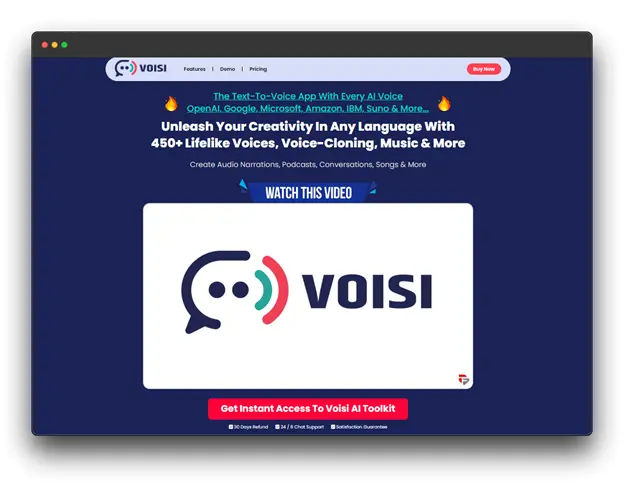 Voisi homepage showcasing 450+ lifelike voices, voice cloning and music, for creating narrations, podcasts, conversations and songs
