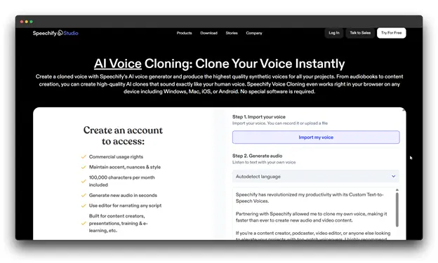 Screenshot of the Speechify Studio website homepage. The main text promotes "AI Voice Cloning: Clone Your Voice Instantly" with steps for importing and generating voice, identifying it as a powerful piece of Voice Cloning Software.