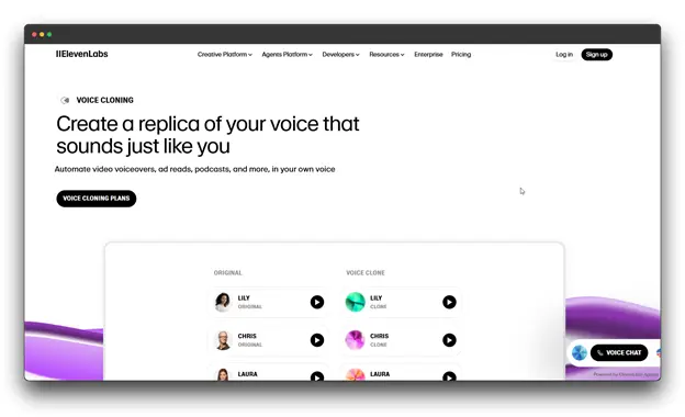 Screenshot of the ElevenLabs website homepage under the Voice Cloning section. The headline reads: "Create a replica of your voice that sounds just like you," with examples of original and cloned voices, affirming its status as a leading Best Voice Cloning Software provider.