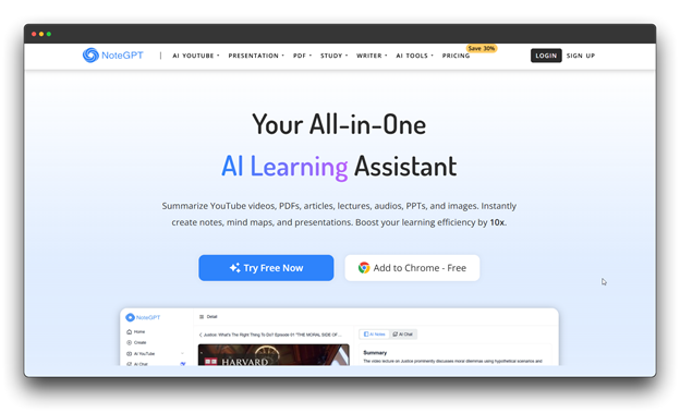 Screenshot of the NoteGPT homepage, marketing itself as 'Your All-in-One AI Learning Assistant.' The text describes its ability to summarize YouTube videos, PDFs, articles, lectures, audios, PPTs, and images to instantly create notes, mind maps, and presentations.