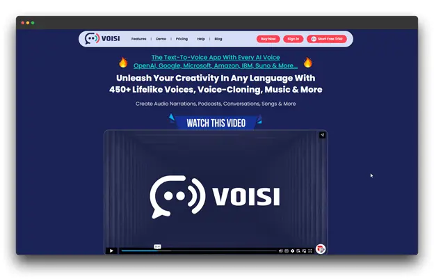 Screenshot of the VOISI Text-to-Voice App homepage. The headline mentions "Voice-Cloning" among other features like 450+ lifelike voices and Text-to-Voice capabilities, positioning VOISI as a Best Voice Cloning Software choice.