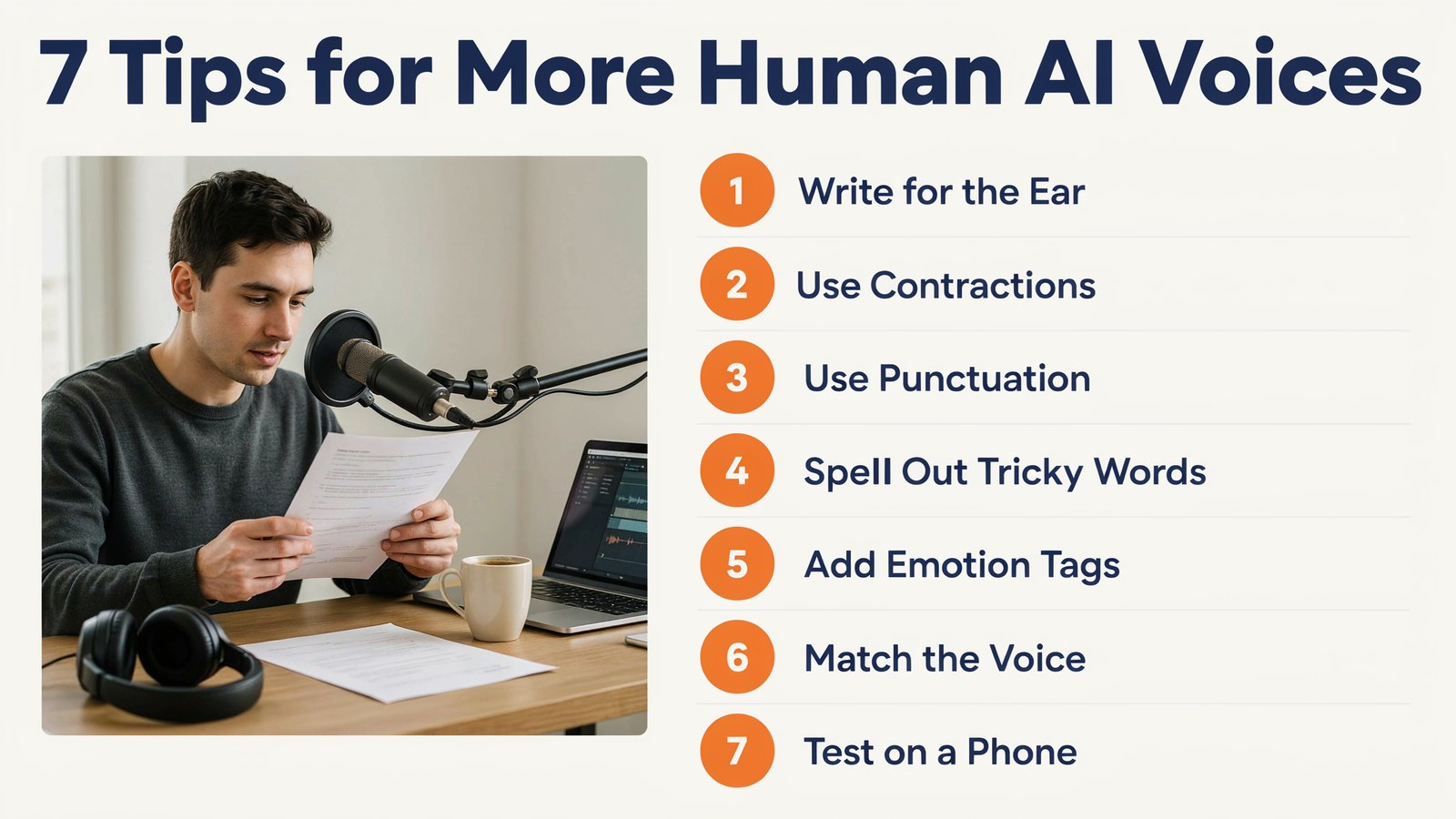 Seven tips to make AI voices sound more human, from writing for the ear to adding pauses and testing on a phone
