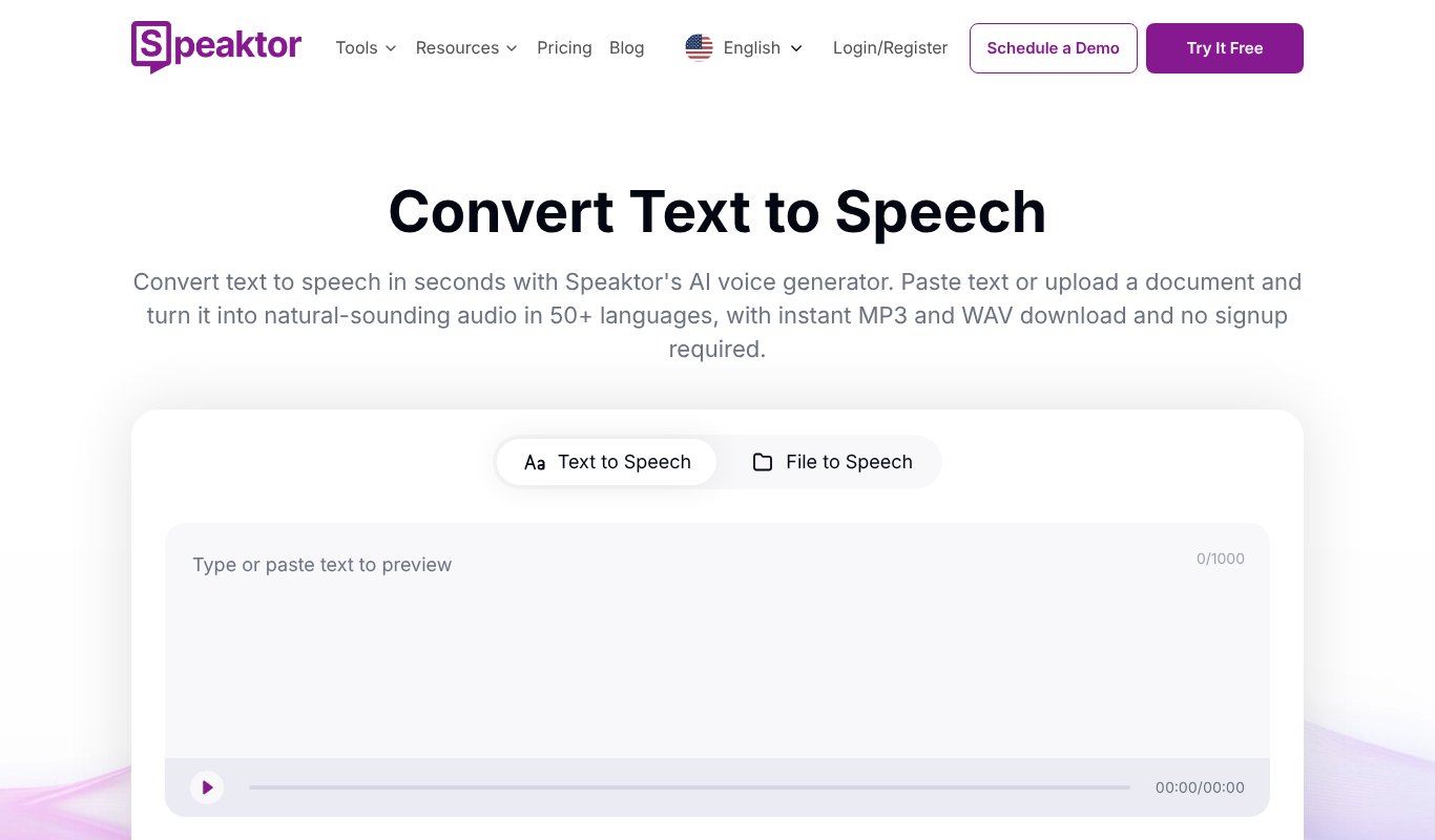 Speaktor homepage for converting text to speech