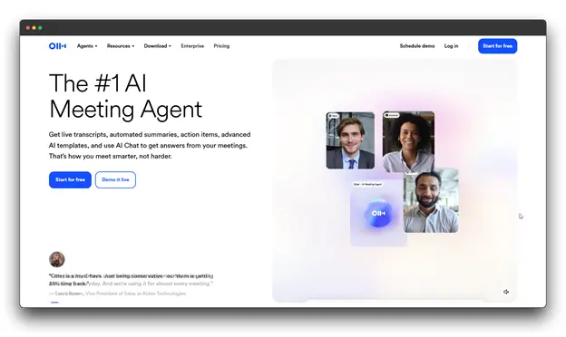 Screenshot of the Otter.ai homepage, featuring the headline 'The #1 AI Meeting Agent.' The page promises live transcripts, automated summaries, and AI Chat, and includes images of three meeting participants.