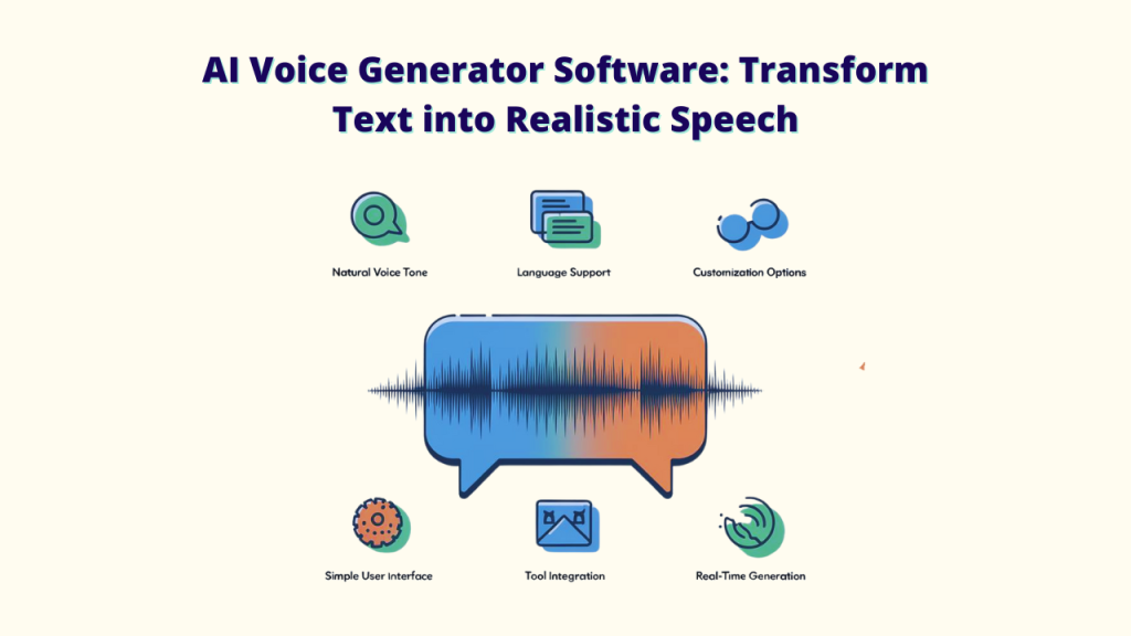 Speech bubble with a sound wave, surrounded by icons for natural voice tone, language support, customization options, a simple interface, tool integration and real-time generation