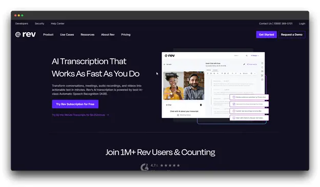 Screenshot of the Rev homepage on a dark background, featuring the title 'AI Transcription That Works As Fast As You Do.' The text mentions transforming recordings into actionable text using Automatic Speech Recognition (ASR).