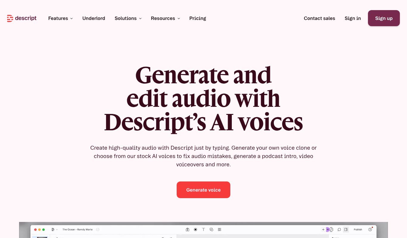 Descript AI voices page for generating and editing audio