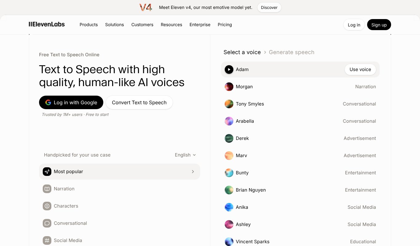 ElevenLabs text to speech page with a list of AI voices