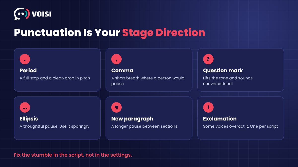 Cheat sheet showing how punctuation directs an AI voice, with periods for full stops, commas for short pauses, question marks for rising tone, ellipses for hesitation, new paragraphs for longer pauses and exclamation marks used sparingly