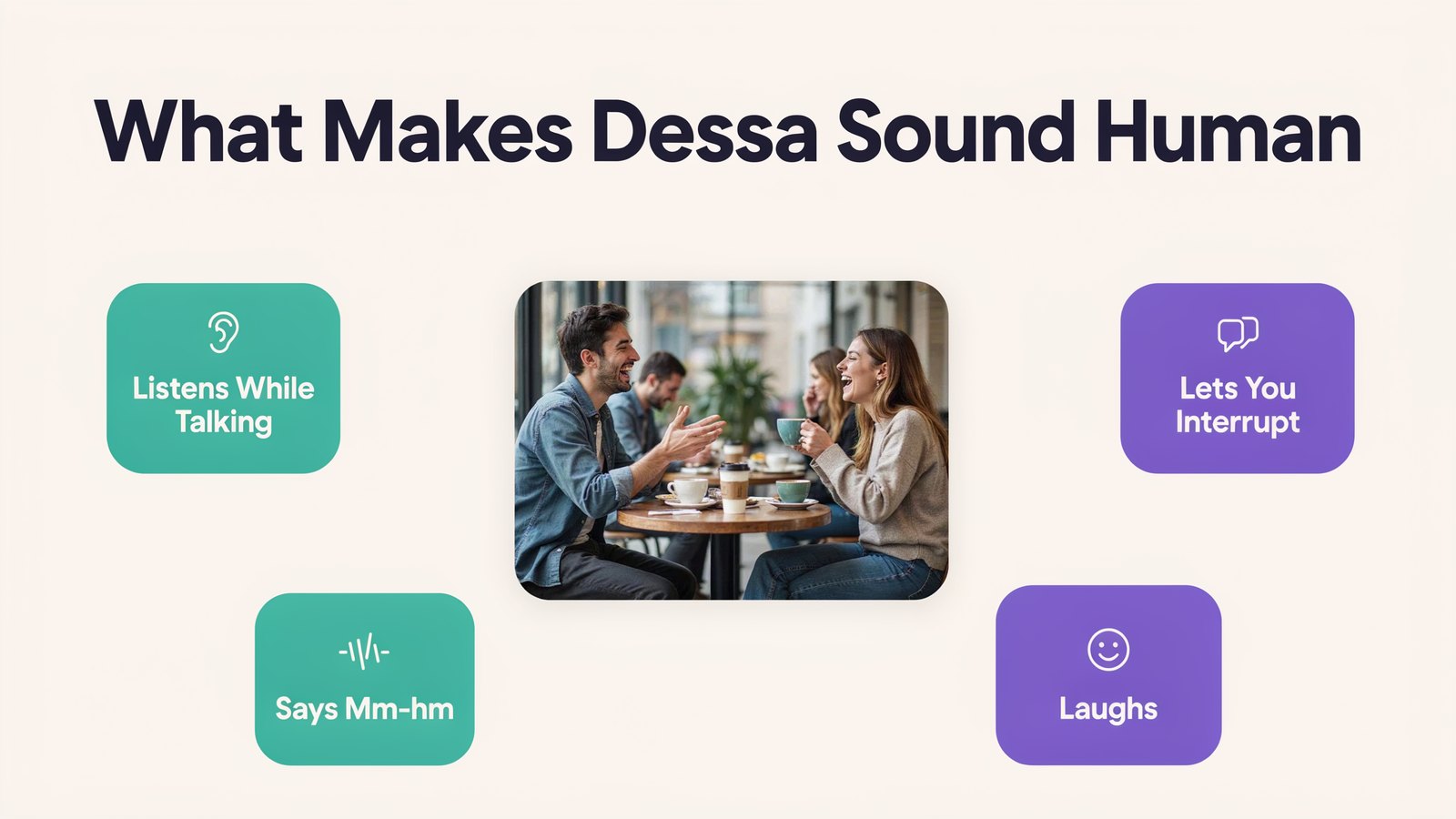 What makes Dessa sound human, including listening while talking, handling interruptions, laughing and saying mm-hm