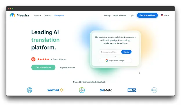Screenshot of the Maestra website homepage, promoting a "Leading AI translation platform." The text mentions generating transcripts, subtitles & voiceovers with cutting-edge AI technology, which often includes Voice Cloning features, making it a relevant Voice Cloning Software platform.