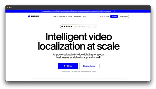 Screenshot of the RASK AI website homepage, focused on "Intelligent video localization at scale." The service is described as AI-powered audio & video dubbing, which involves Voice Cloning for global businesses and is a type of Voice Cloning Software.