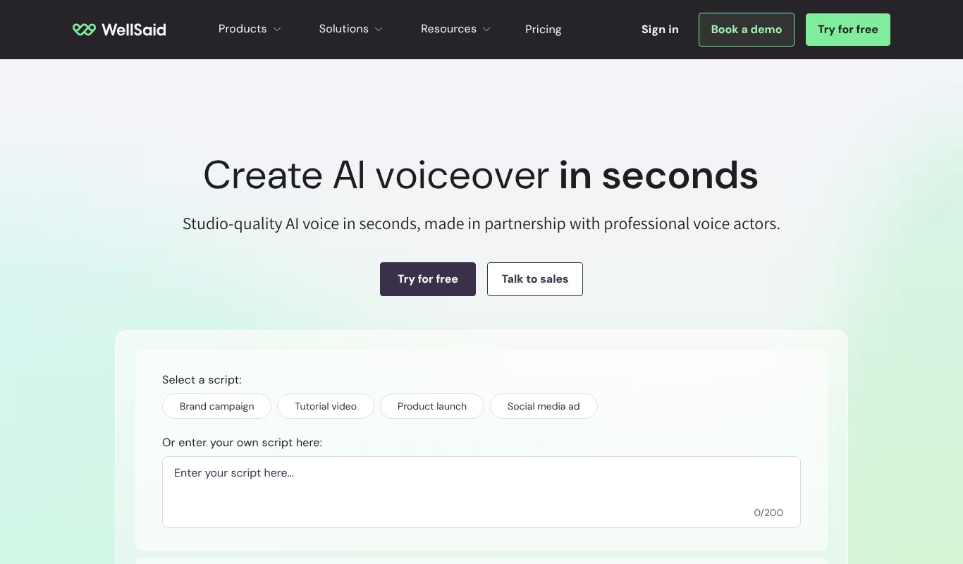 WellSaid homepage for studio quality AI voiceovers