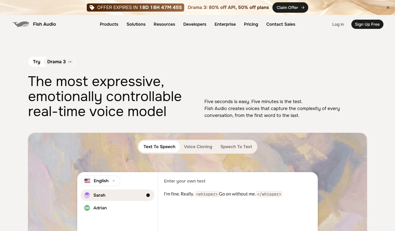 Fish Audio homepage for its expressive Drama 3 voice model
