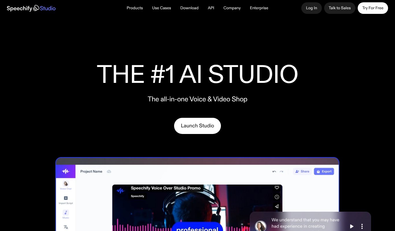 Speechify Studio homepage, an AI voice and video studio