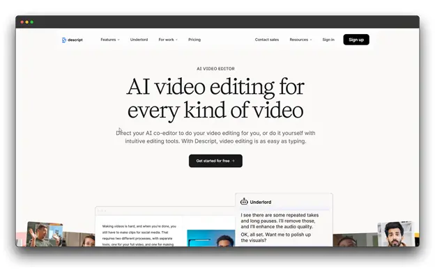 Screenshot of the Descript homepage, highlighting 'AI video editing for every kind of video.' The text explains that users can direct their AI co-editor for video editing as easily as typing.