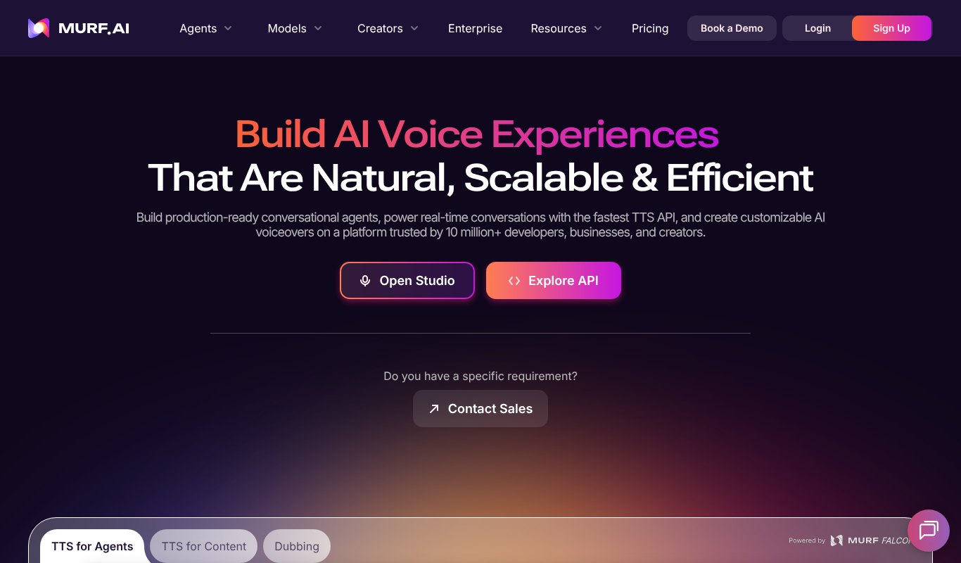 Murf AI homepage for natural AI voiceovers and voice agents
